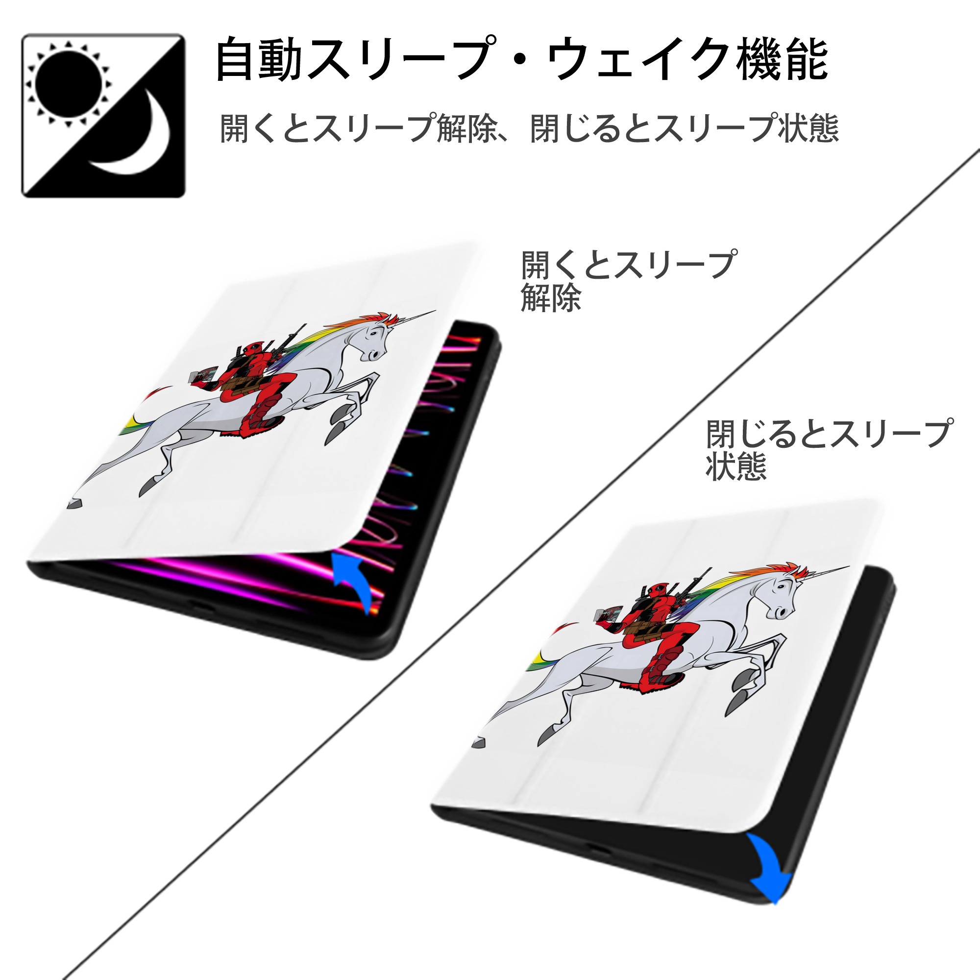 Deadpool デッドプール IPad ケース ペン収納付き 三つ折りスタンド PUレザー×シリコン 対応機種9.5/10.5/10.9インチ